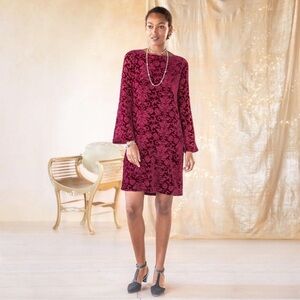 SUNDANCE Velvet Renaissance Dress Burgundy Silk Blend Burnout Floral Shift Large